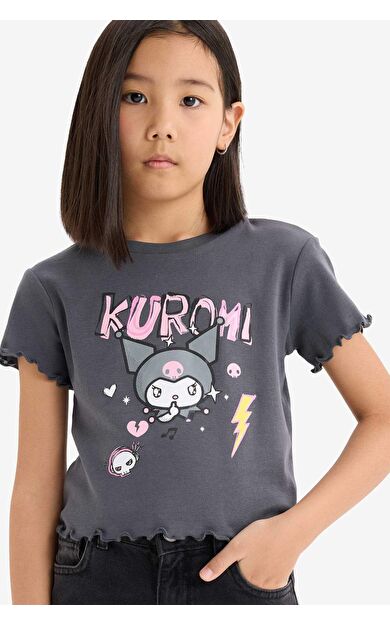DeFacto Kız Çocuk Kuromi Cropped Fit Bisiklet Yaka Ribana Kısa Kollu Tişört
