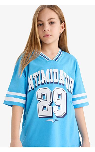 DeFacto Kız Çocuk Oversize Geniş Kalıp V Yaka Baskılı Kısa Kollu Tişört