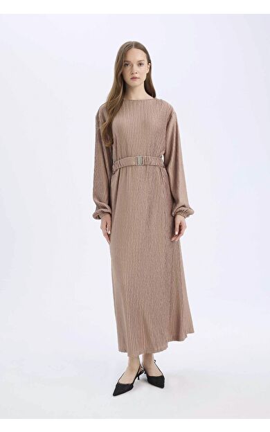 DeFacto Regular Fit Pilise Uzun Kollu Maxi Elbise