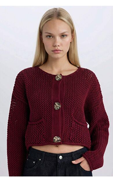 Relax Fit Bisiklet Yaka Düğme Kapamalı Örgü Desenli Triko Hırka