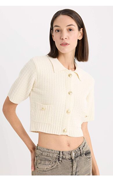 DeFacto Cropped Fit Gömlek Yaka Hırka E1977AX24WNER105