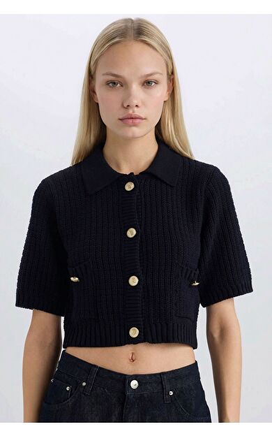DeFacto Cropped Fit Gömlek Yaka Hırka E1977AX24WNNV134