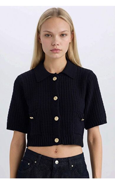 DeFacto Cropped Fit Gömlek Yaka Hırka E1977AX24WNNV134