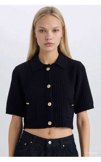 DeFacto Cropped Fit Gömlek Yaka Hırka E1977AX24WNNV134