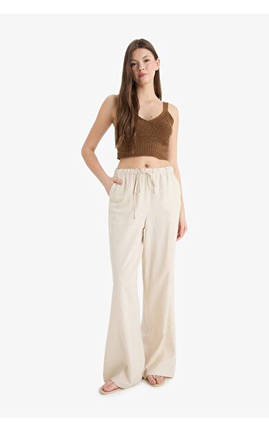 DeFacto Wide Leg Çift Cepli Beli Lastikli Standart Boy Keten Karışımlı Pantolon E1981AX25SMBG286