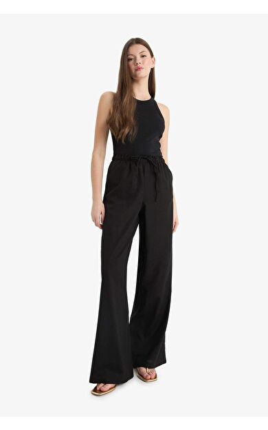 DeFacto Wide Leg Çift Cepli Beli Lastikli Standart Boy Keten Karışımlı Pantolon E1981AX25SMBK27