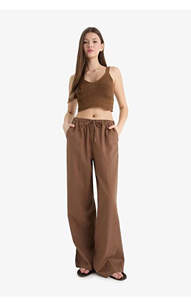 DeFacto Wide Leg Çift Cepli Beli Lastikli Standart Boy Keten Karışımlı Pantolon E1981AX25SMBN534