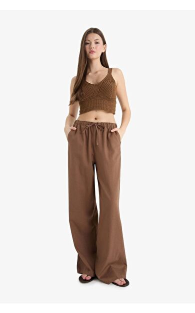 DeFacto Wide Leg Çift Cepli Beli Lastikli Standart Boy Keten Karışımlı Pantolon E1981AX25SMBN534