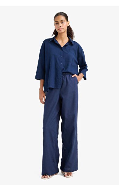 DeFacto Wide Leg Çift Cepli Beli Lastikli Standart Boy Keten Karışımlı Pantolon E1981AX25SMNV125