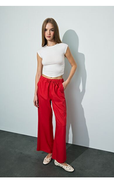 DeFacto Wide Leg Çift Cepli Beli Lastikli Standart Boy Keten Karışımlı Pantolon E1981AX25SMRD44