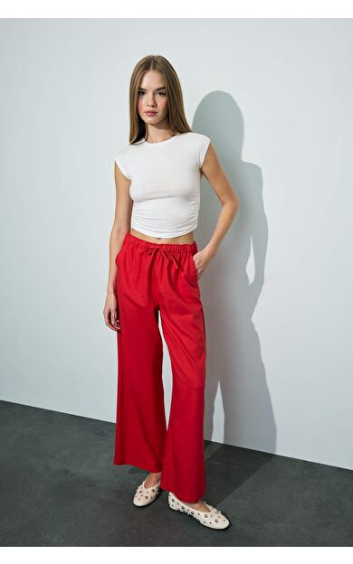 DeFacto Wide Leg Çift Cepli Beli Lastikli Standart Boy Keten Karışımlı Pantolon E1981AX25SMRD44