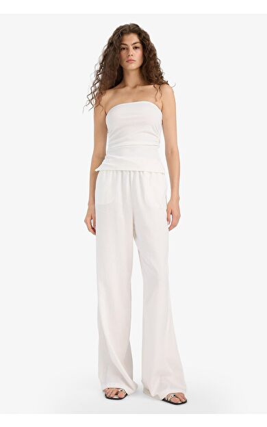 DeFacto Wide Leg Çift Cepli Beli Lastikli Standart Boy Keten Karışımlı Pantolon E1981AX25SMWT32