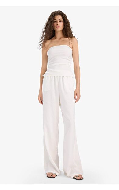 DeFacto Wide Leg Çift Cepli Beli Lastikli Standart Boy Keten Karışımlı Pantolon E1981AX25SMWT32