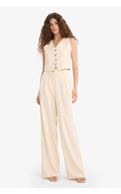 DeFacto Wide Leg Çift Cepli Yüksek Bel Standart Boy Keten Karışımlı Pantolon E1986AX25AUBG286