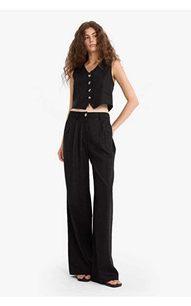 DeFacto Wide Leg Çift Cepli Yüksek Bel Standart Boy Keten Karışımlı Pantolon E1986AX25AUBK81
