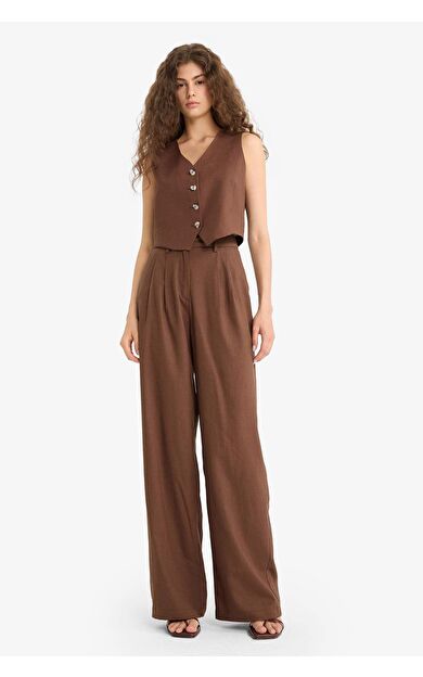 DeFacto Wide Leg Çift Cepli Yüksek Bel Standart Boy Keten Karışımlı Pantolon E1986AX25AUBN189