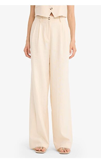 Wide Leg Çift Cepli Yüksek Bel Standart Boy Keten Karışımlı Pantolon