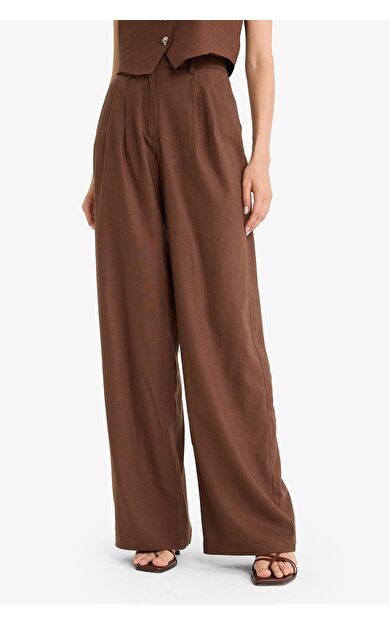 Wide Leg Çift Cepli Yüksek Bel Standart Boy Keten Karışımlı Pantolon