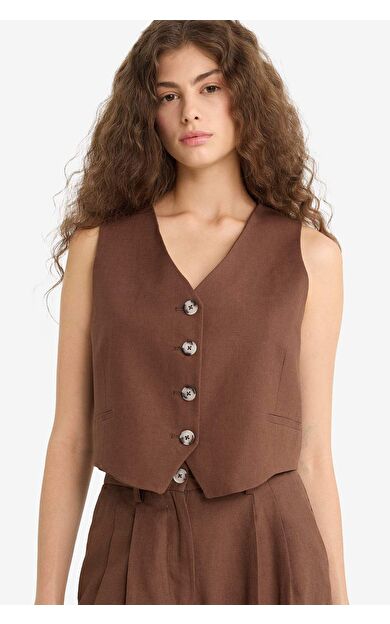 V Yaka Keten Karışımlı Blazer Yelek E1993AX25AUBN189