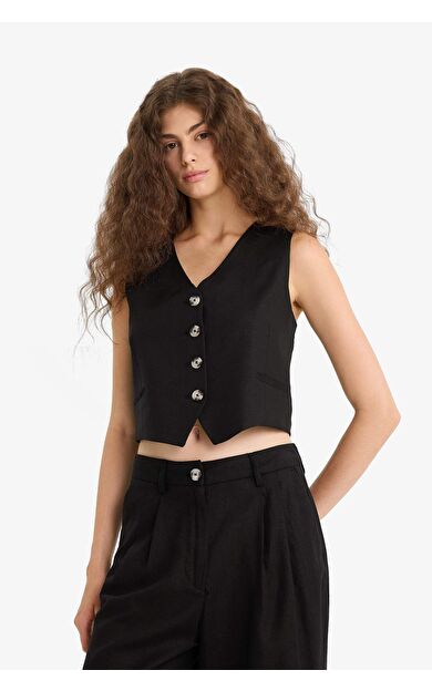 V Yaka Keten Karışımlı Blazer Yelek