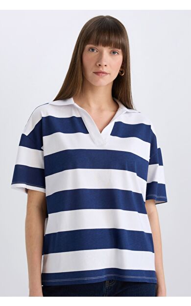 DeFacto Relax Fit Çizgilil Penye Kısa Kollu Polo Tişört E2161AX25SPNV42