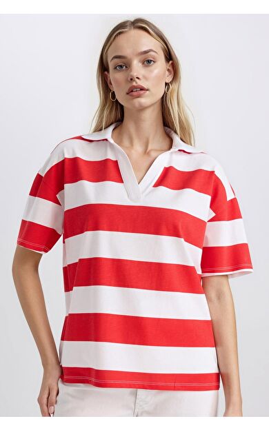 DeFacto Relax Fit Çizgilil Penye Kısa Kollu Polo Tişört E2161AX25SPRD256