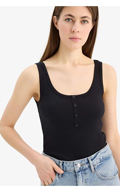 DeFacto Slim Fit Dar Kesim Kare Yaka Fitilli Kaşkorse Atlet E2173AX25SPBK81