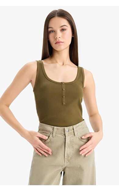 Afra x Defacto Slim Fit Dar Kesim Kare Yaka Fitilli Kaşkorse Atlet