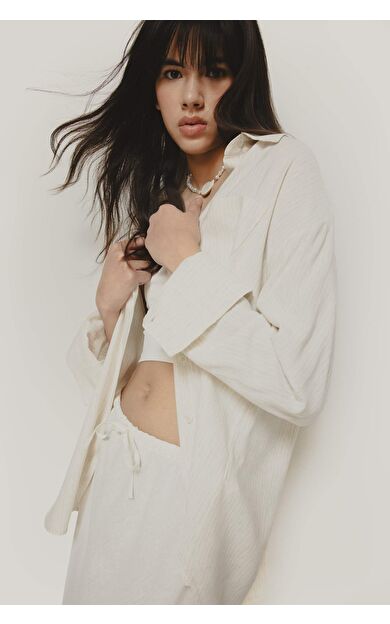 DeFacto Oversize Geniş Kalıp Gömlek Yaka Keten Karışımlı Uzun Kollu Gömlek