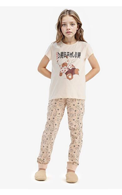 DeFacto Kız Çocuk Pijama Takımı Baskılı Kısa Kollu Üst Desenli Alt
