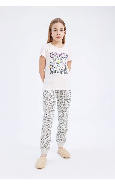 DeFacto Kız Çocuk Garfield Pijama Takımı Kısa Kollu Üst Beli Lastikli Uzun Alt