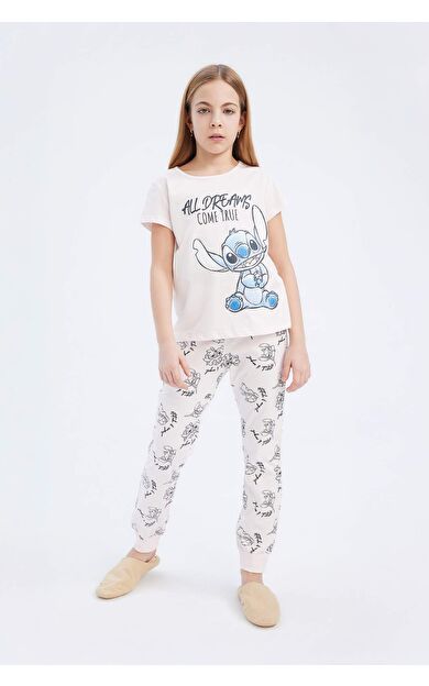 DeFacto Kız Çocuk Disney Lilo &amp; Stitch Pijama Takımı Bisiklet Yaka Kısa Kollu Üst Uzun Alt