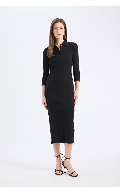 DeFacto Bodycon Vücudu Saran Polo Yaka Fitilli Kaşkorse Kısa Kollu Midi Elbise
