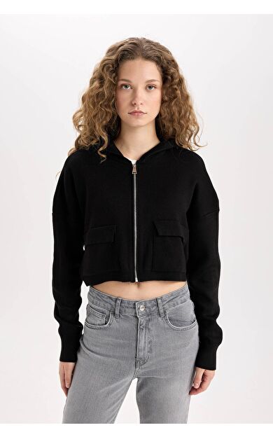 DeFacto Regular Fit Kapüşonlu Basic Düz Fermuarlı Triko Hırka E2270AXNSBK81