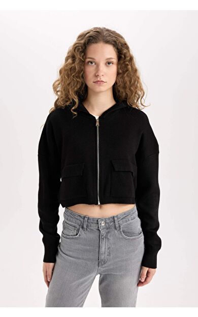 DeFacto Regular Fit Kapüşonlu Basic Düz Fermuarlı Triko Hırka E2270AXNSBK81