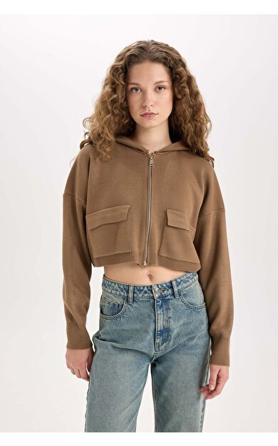 DeFacto Regular Fit Kapüşonlu Basic Düz Fermuarlı Triko Hırka E2270AXNSBN551