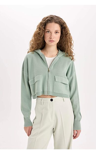 DeFacto Regular Fit Kapüşonlu Basic Düz Fermuarlı Triko Hırka E2270AXNSGN955