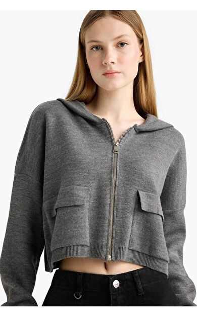 DeFacto Regular Fit Kapüşonlu Basic Düz Fermuarlı Triko Hırka E2270AXNSGR105