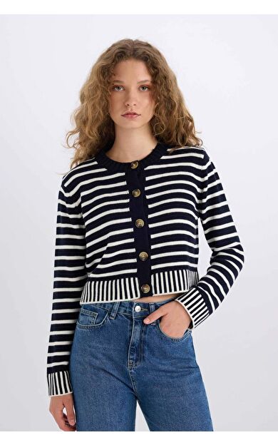 Coool Regular Fit Çizgili Bisiklet Yaka Düğmeli Triko Hırka