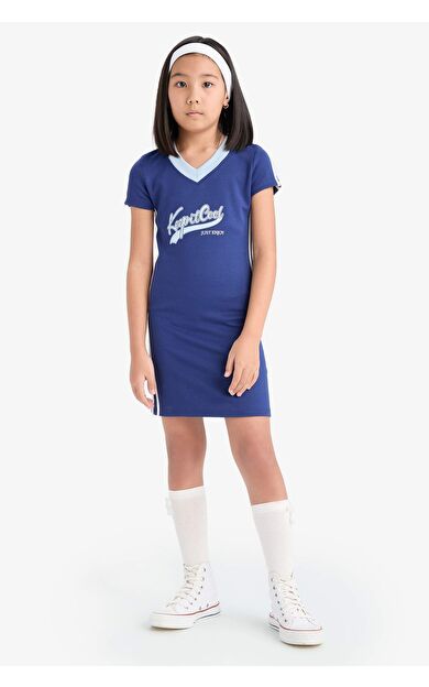 Kız Çocuk V Yaka Baskılı Kısa Kollu Elbise
