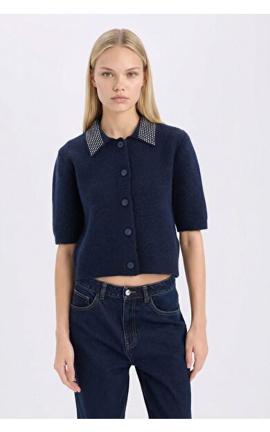 DeFacto Regular Fit Polo Yaka Basic Düz Düğmeli Triko Hırka