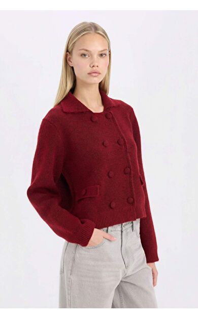 DeFacto Regular Fit Polo Yaka Basic Düz Düğmeli Triko Hırka