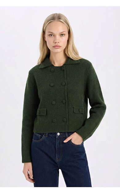 Regular Fit Polo Yaka Basic Düz Düğmeli Triko Hırka