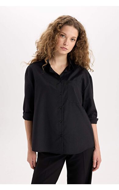 DeFacto Oversize Geniş Kalıp Poplin Uzun Kollu Gömlek E2294AXNSBK27