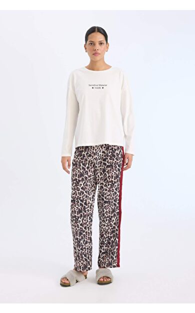 Fall in Love Pijama Takımı Regular Fit Uzun Kollu Baskılı Üst Leopar Desenli Uzun Alt