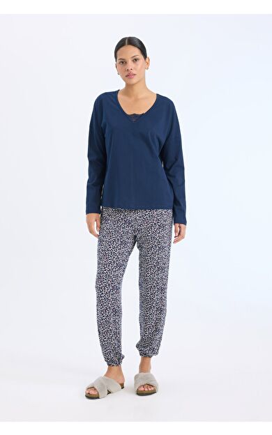 DeFacto Fall in Love Pijama Takımı Uzun Kollu Pijama Üstü Desenli Uzun Pijama Altı