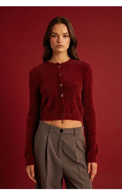 DeFacto Regular Fit Bisiklet Yaka Düğmeli Triko Bordo Hırka