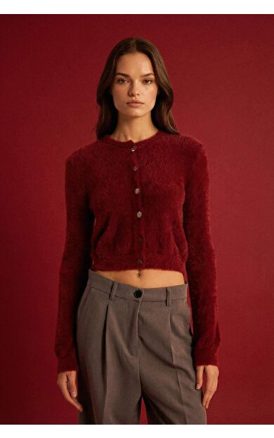 Regular Fit Bisiklet Yaka Düğmeli Triko Bordo Hırka