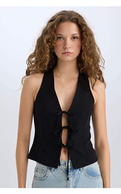 Yılbaşı Temalı V Yaka Bağlamalı Blazer Yelek