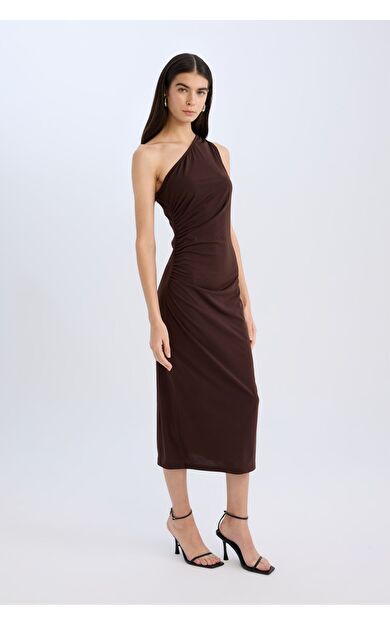 DeFacto Bodycon Vücudu Saran Basic Düz Tek Omuzlu Midi Elbise